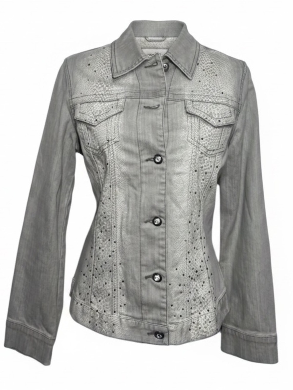 Chicos Platinum Light Gray Snake Print Jean Jacket Womens Size M 1 Cotton Blend